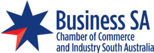 Logo of Business SA, Chamber of Commerce and Industry South Australia. It features a blue stylized star with a red arrow pointing right as part of the design, and the organization's name written in blue text to the right of the star.